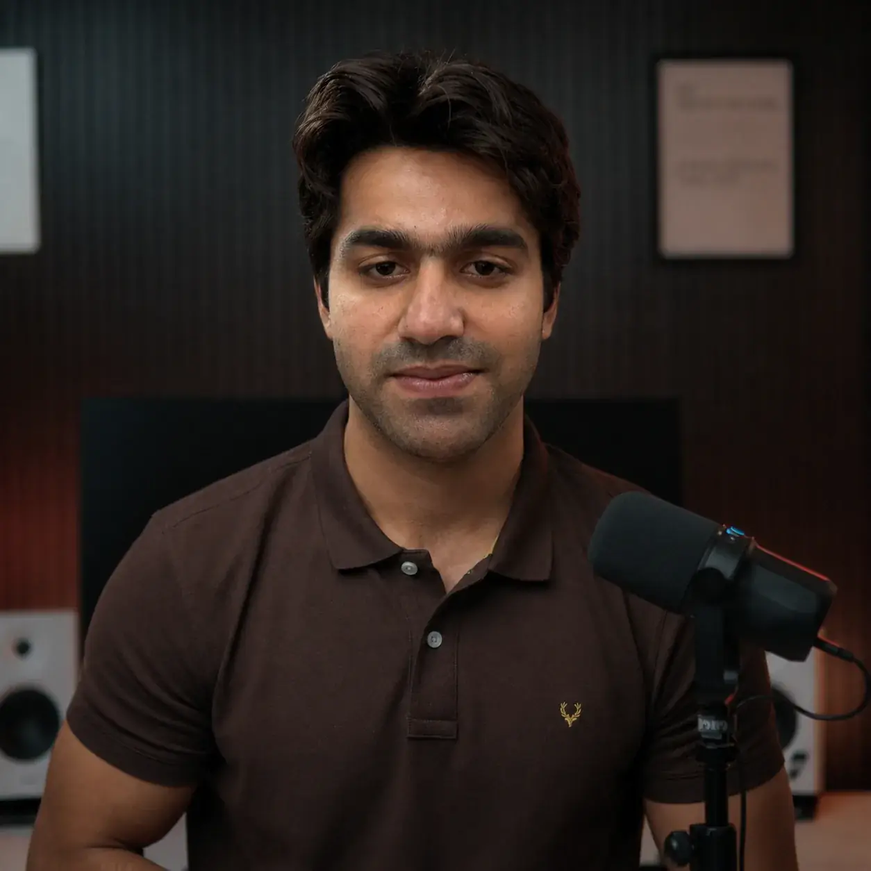 Hamza speaking into a studio microphone